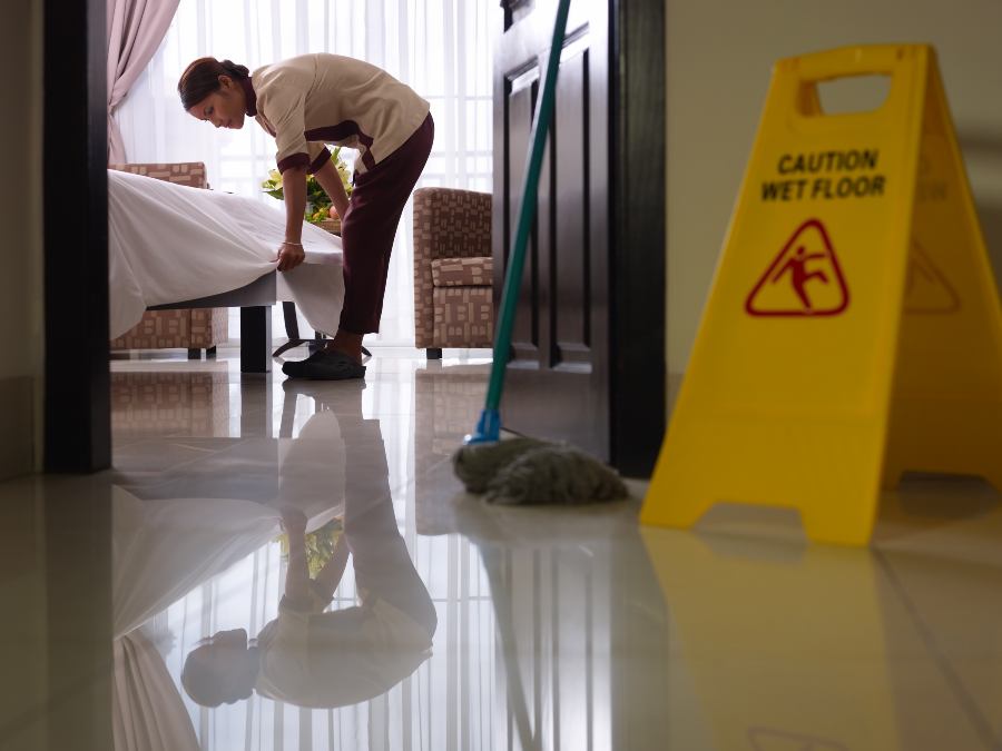 lady cleaning a hotel bedroom